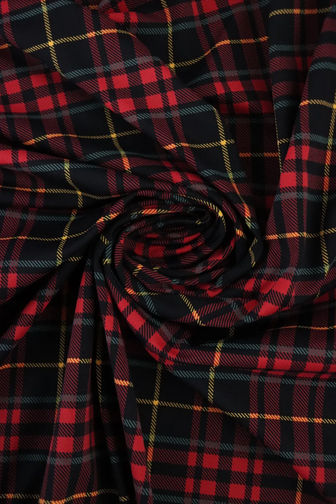 1YD PRECUT; Black/Ruby/Yellow/Hazy Mint Plaid Matte Nylon Spandex Tricot | Designer Deadstock