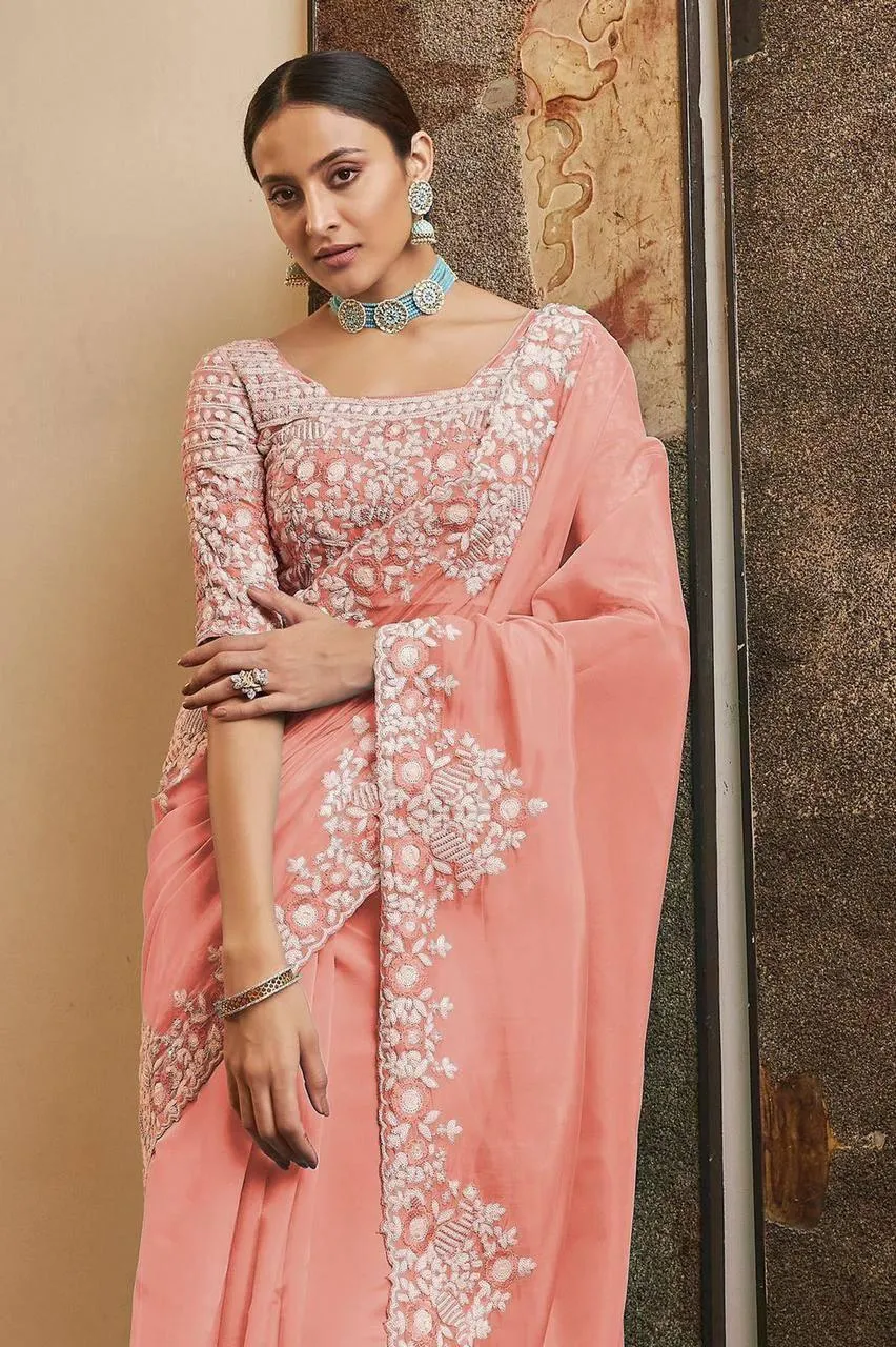 Baby Pink Georgette Embroidery Saree