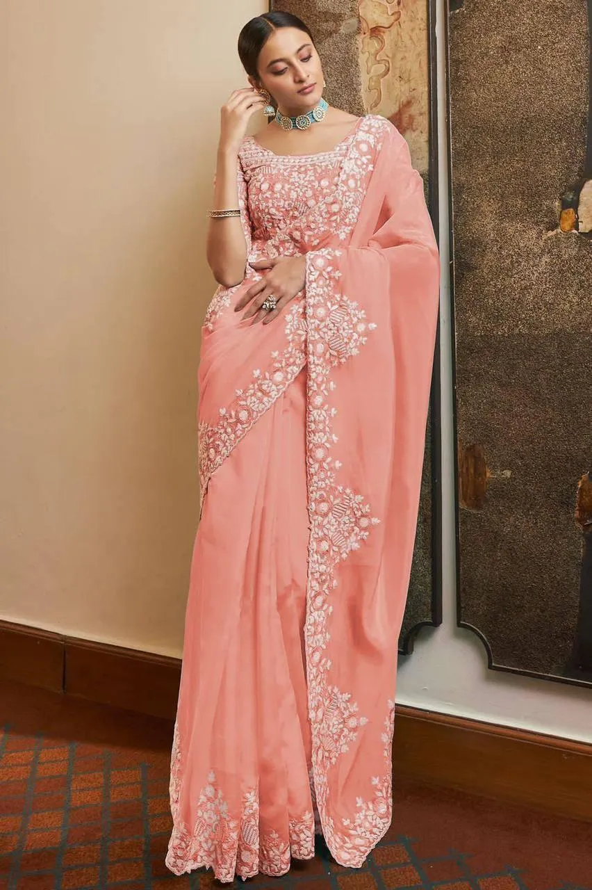 Baby Pink Georgette Embroidery Saree