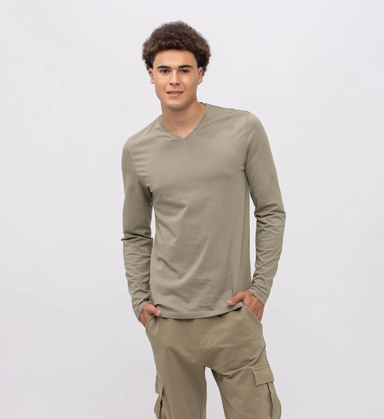 Basic Cotton V Long Sleeve T-Shirt