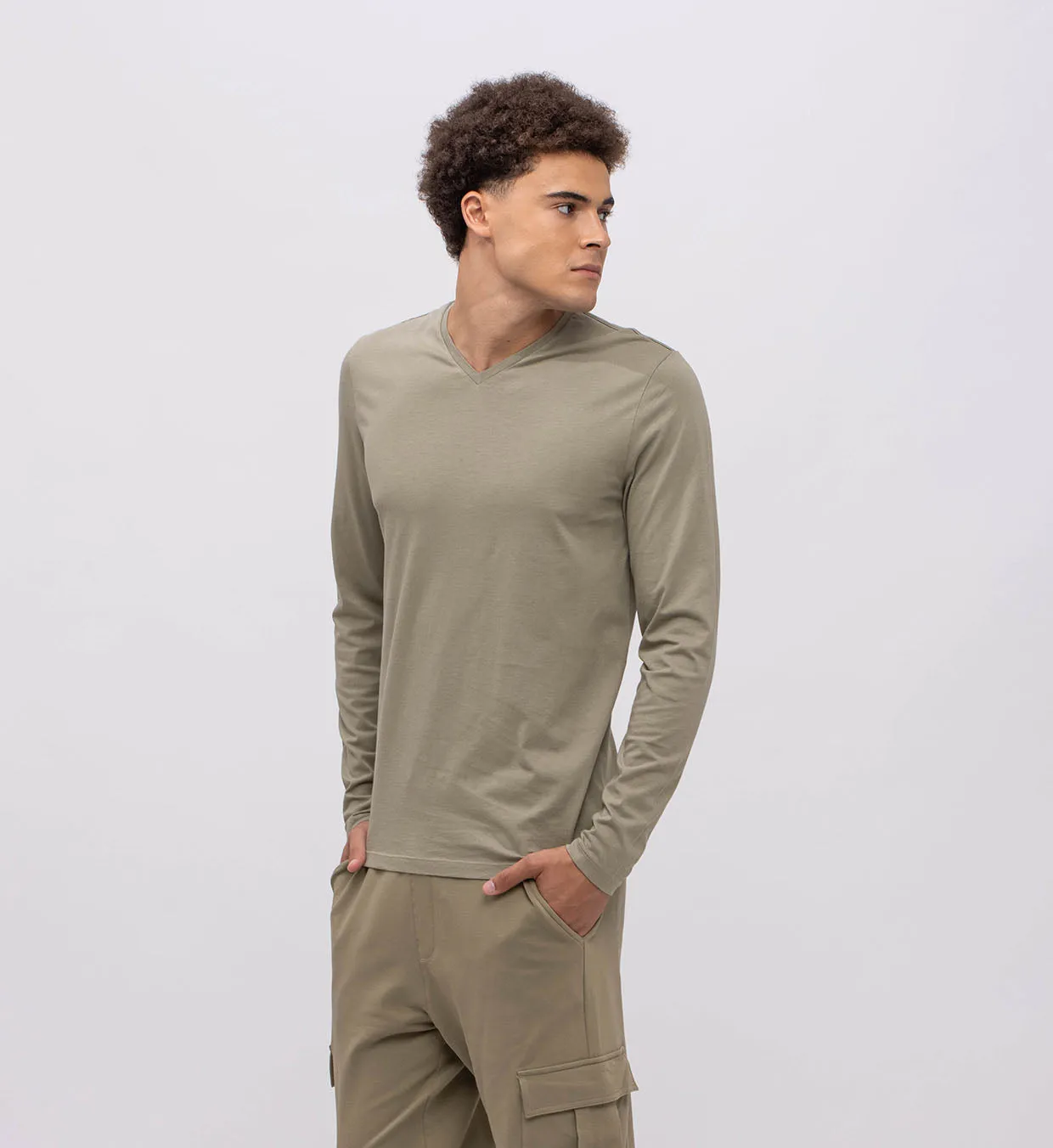 Basic Cotton V Long Sleeve T-Shirt