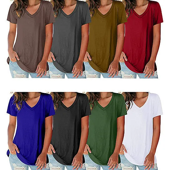 BerryBetty - 5-Pack: Ladies Ultra Soft Cotton Blend Basic V-Neck Short Sleeve Shirts