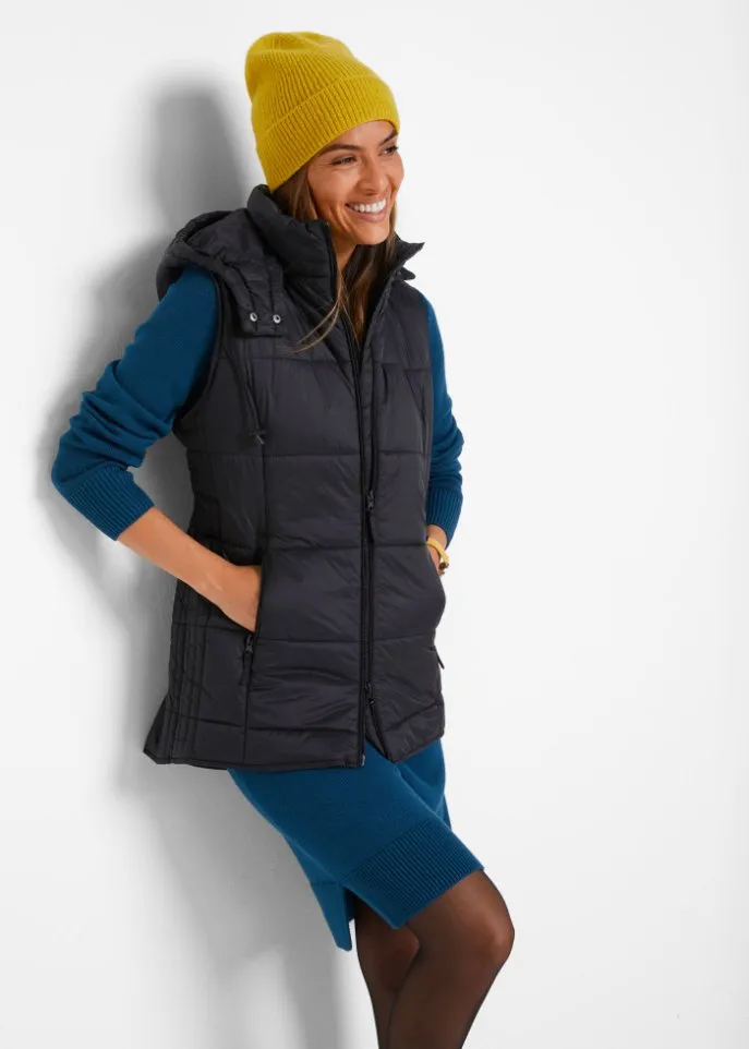 Bpc Bonprix Collection Quilted Vest with Detachable Hood, Black