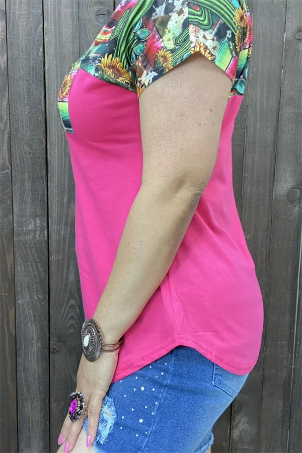 BQ12544 Pink cactus & sunflower multi color & block pink printed short sleeve with front pocket women top