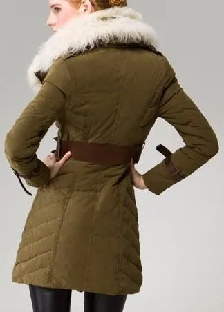 Buckled Sheep-Fur-Collar Double Breasted Down Coat in Green