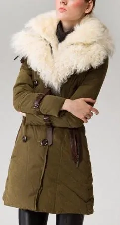 Buckled Sheep-Fur-Collar Double Breasted Down Coat in Green