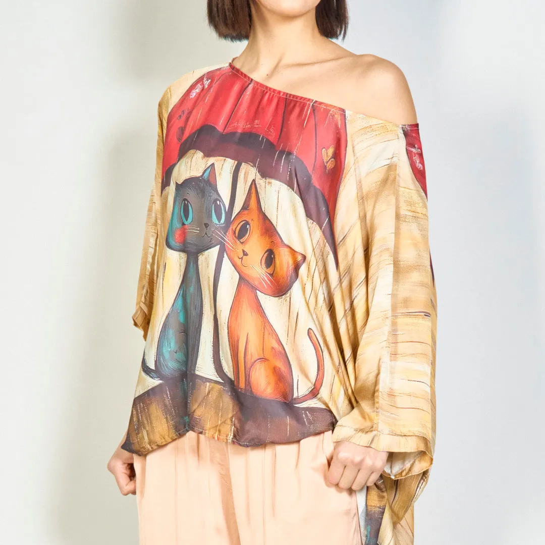 Chic oversized blouse with romantic cat duo print wholesale