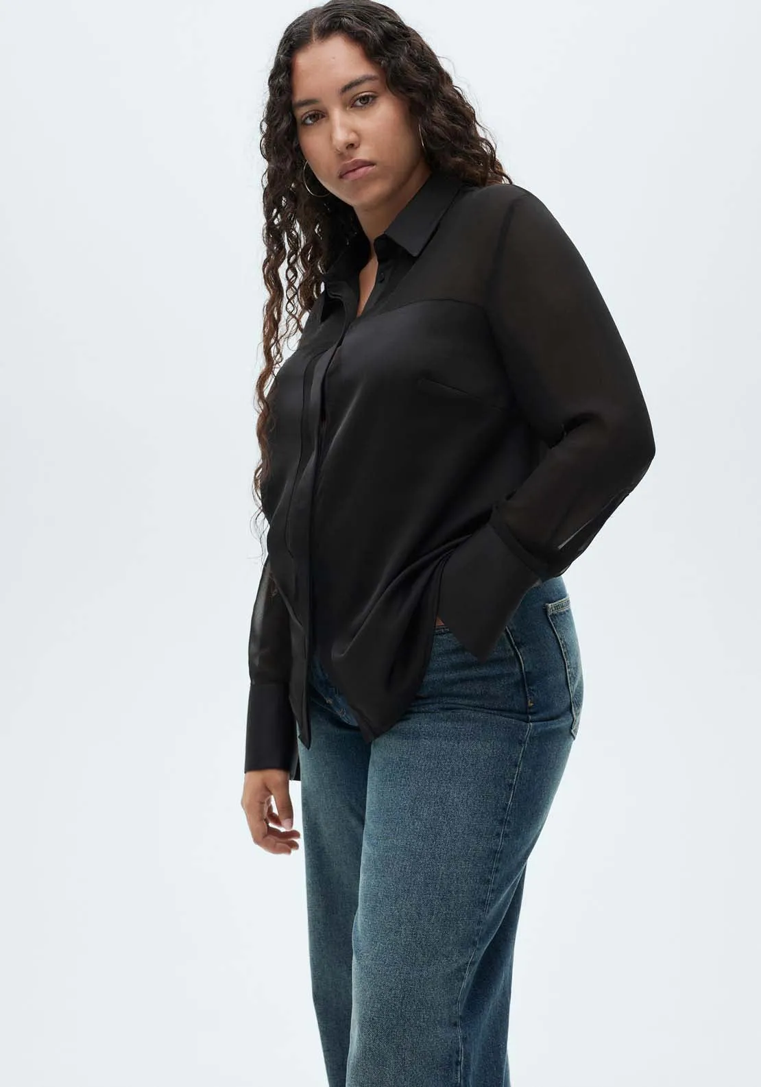 Chiffon shirt with satin panels - Black