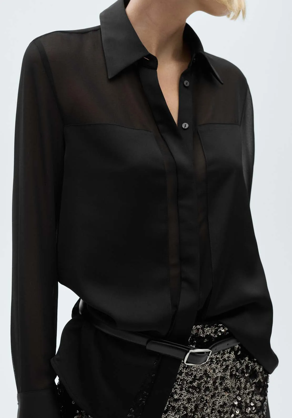 Chiffon shirt with satin panels - Black