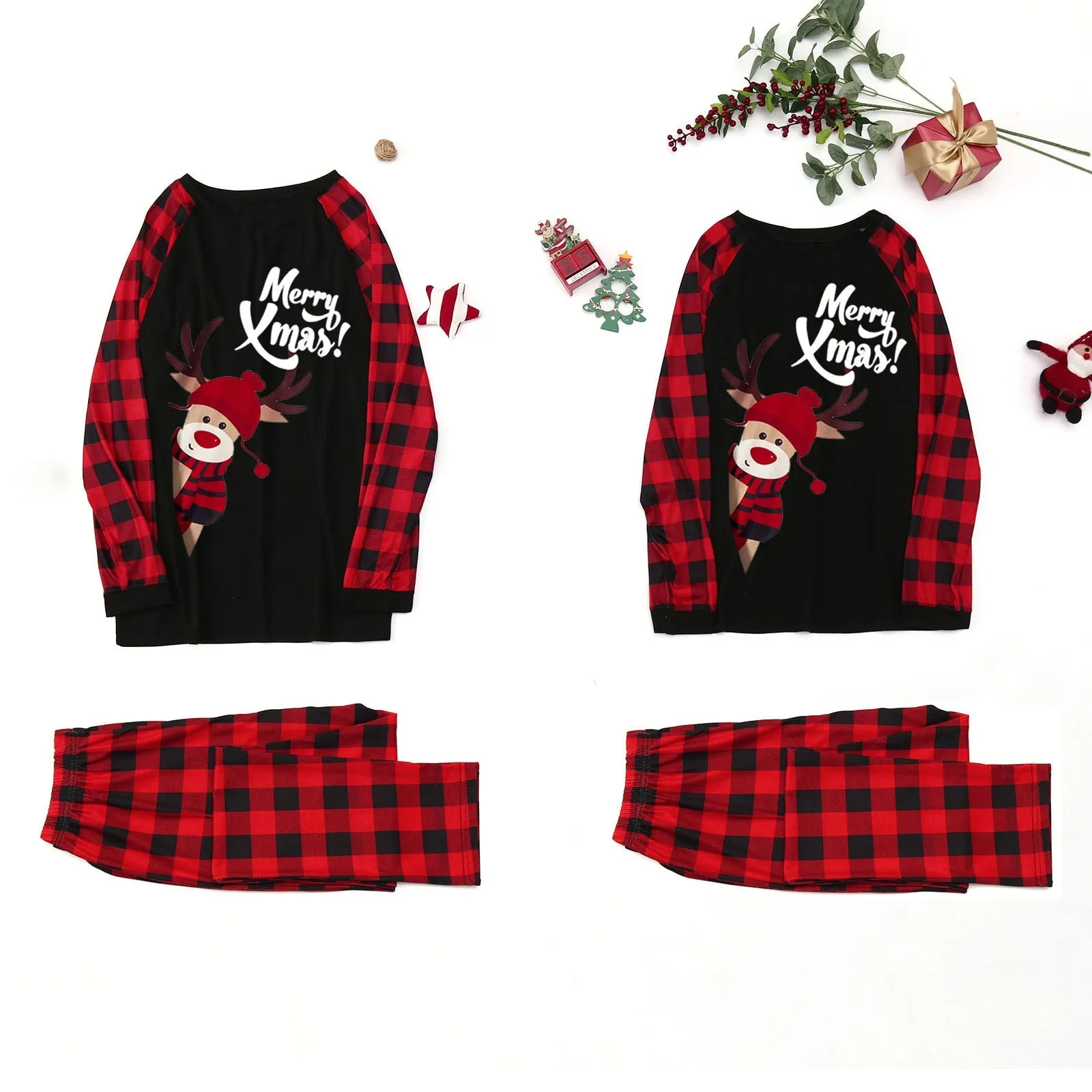 Christmas Pajamas Matching Family Pyjamas For Letter Lattice Printing Stitching T-shirt Home Top   Lattice Pajamas