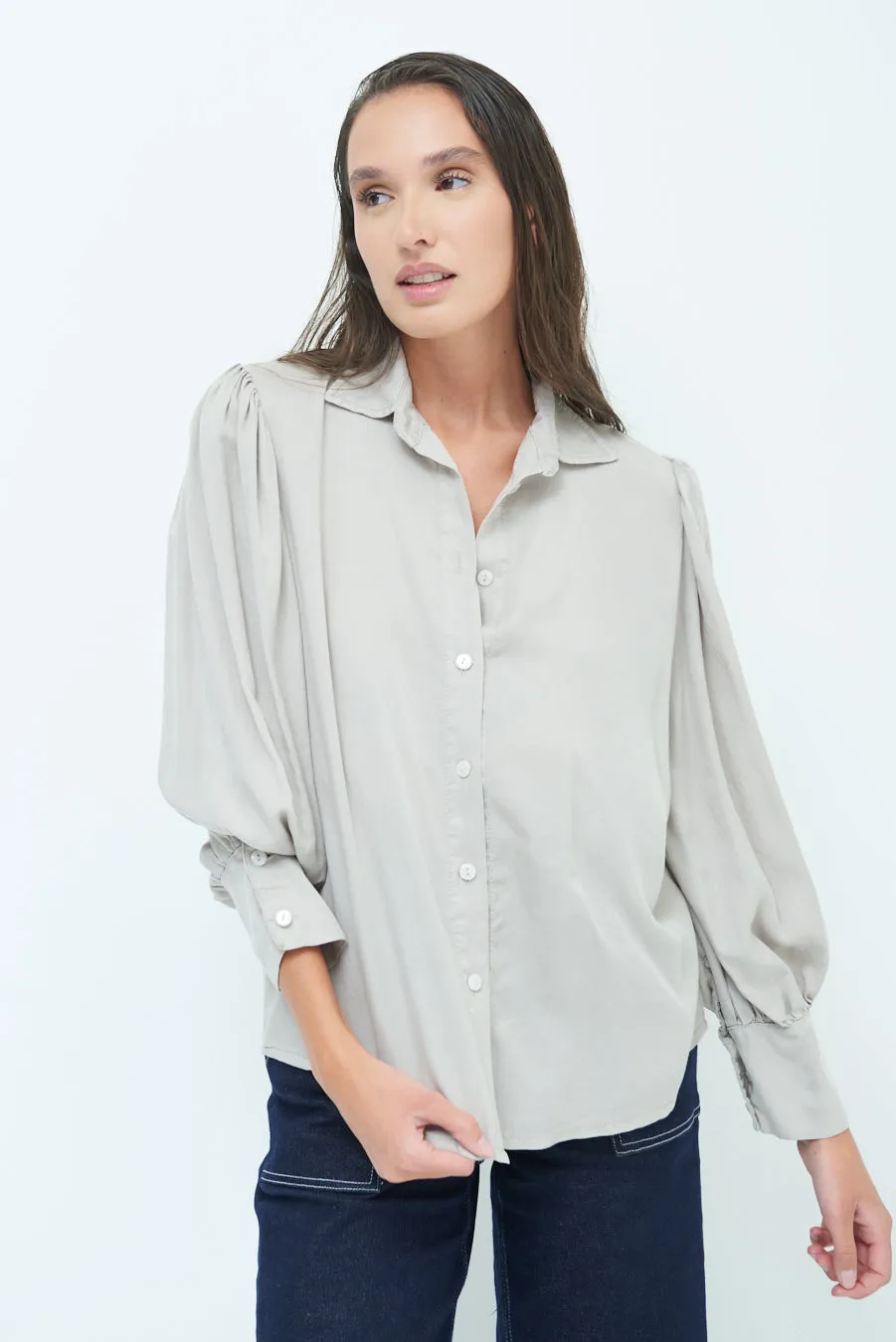 Classic button-up blouse with puff sleeves wholesale