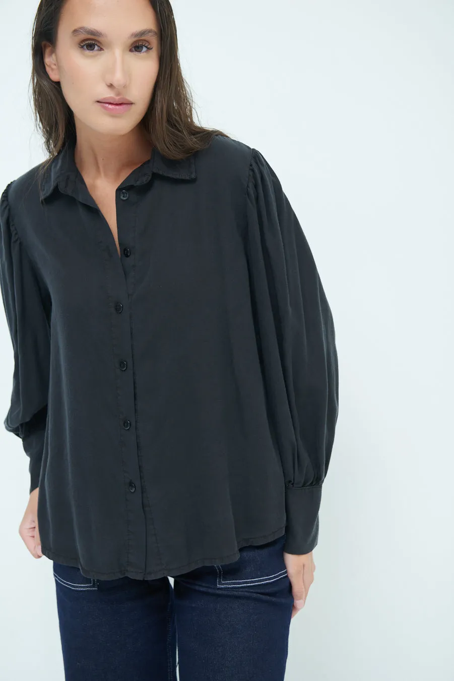 Classic button-up blouse with puff sleeves wholesale