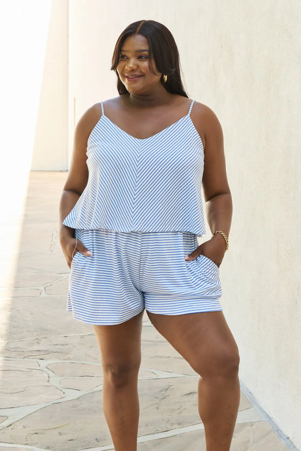 Double Flare Striped Romper in Cobalt Blue