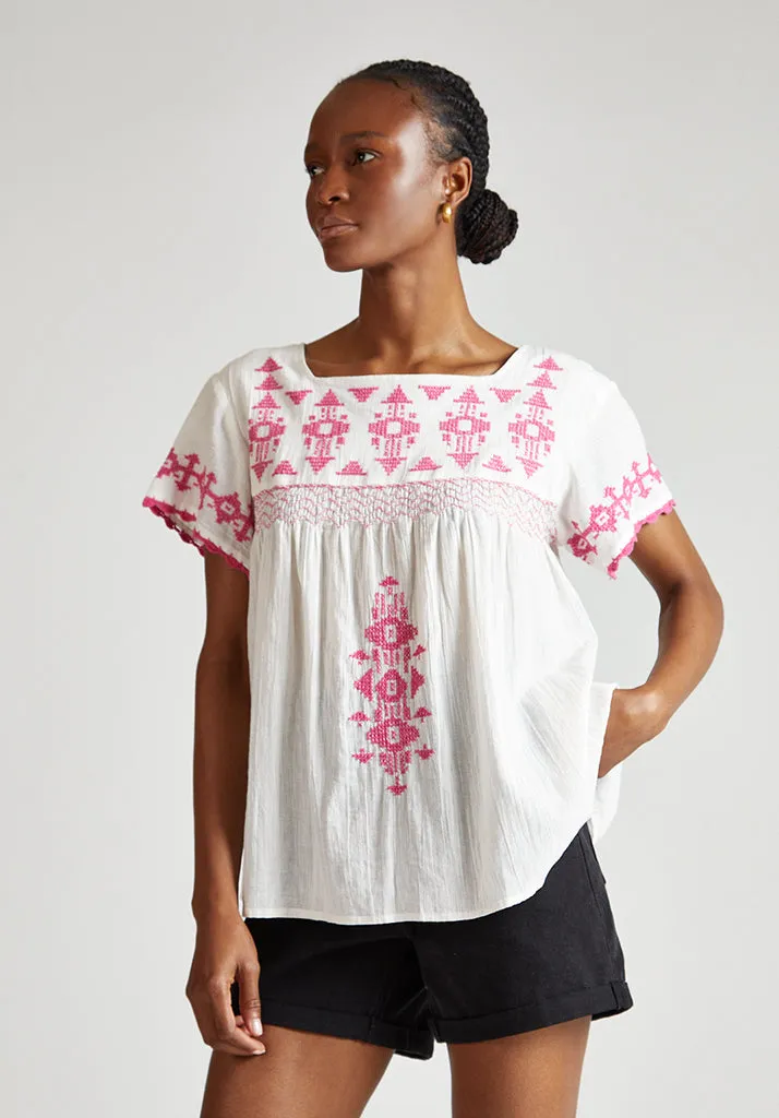 Flora Short Sleeve Embroidered Blouse In White