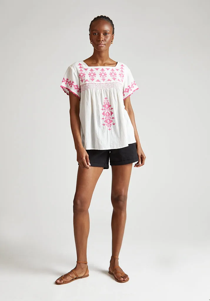 Flora Short Sleeve Embroidered Blouse In White