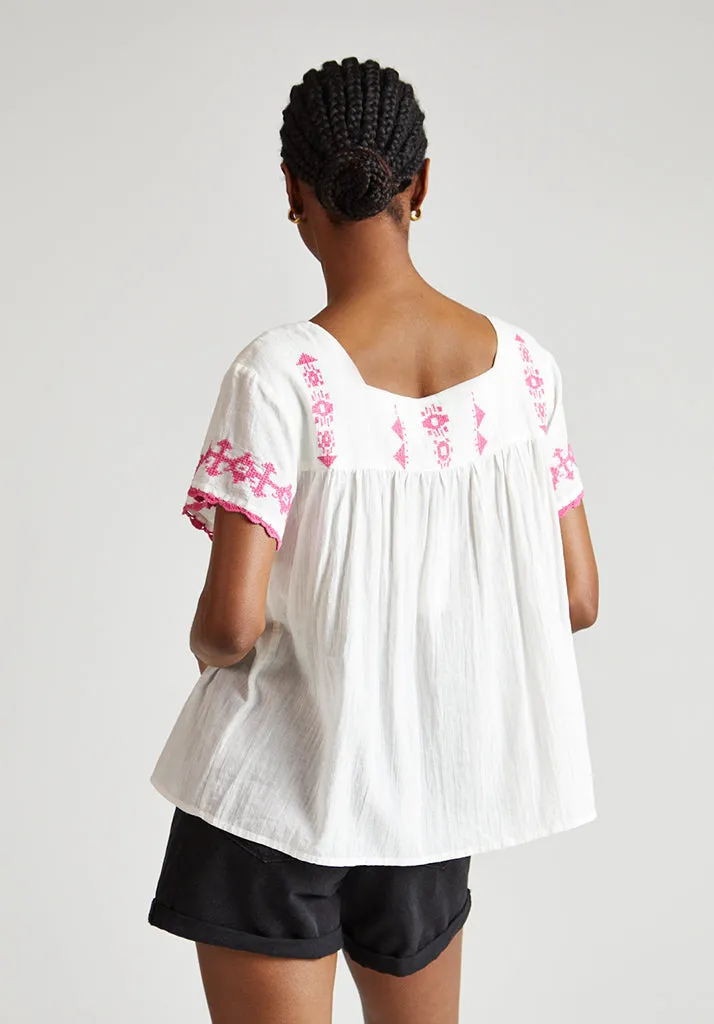 Flora Short Sleeve Embroidered Blouse In White