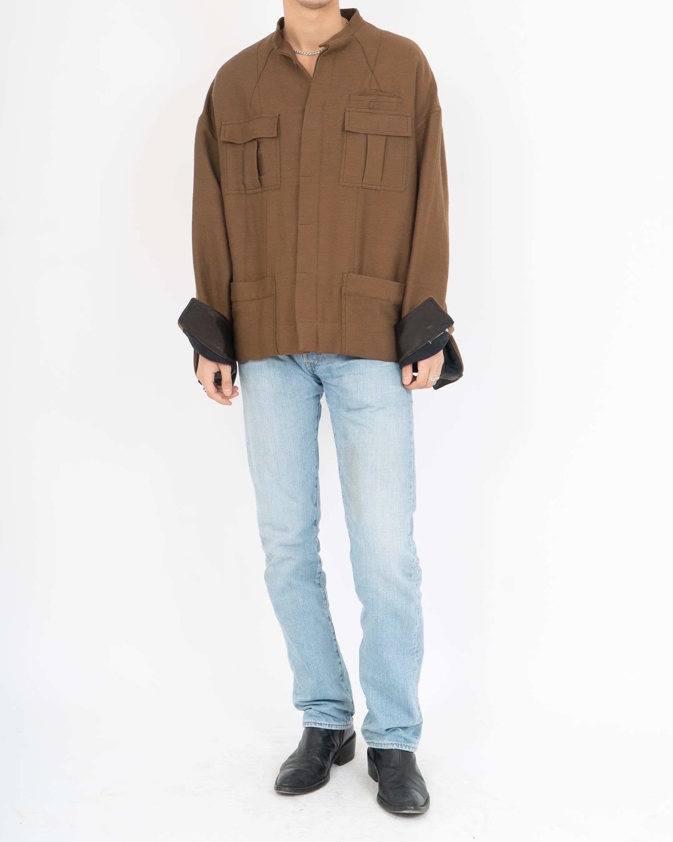 FW17 Quilted Mandarin Collar Brown Wool Shirt with Leather Patch