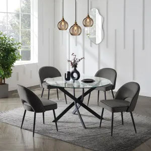 Livorno Black Leg Glass Dining Table & 4 Tiago Chairs, Grey Velvet