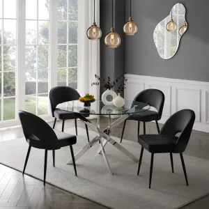 Livorno Silver Leg Glass Dining Table & 4 Tiago Chairs, Black Velvet