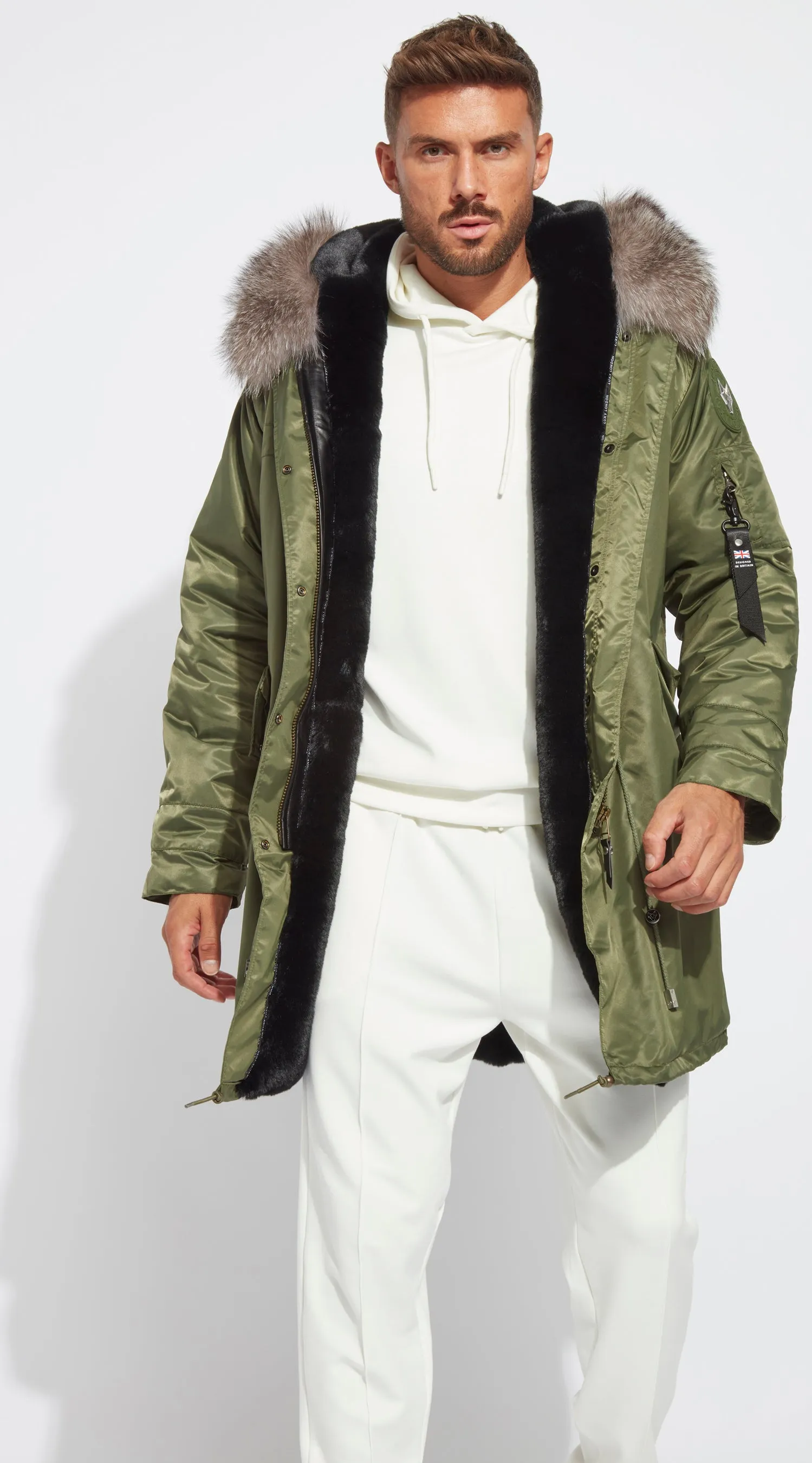 Mens Khaki Water-Repellent Luxy Fur Parka - 3/4 Silver Frost Fox