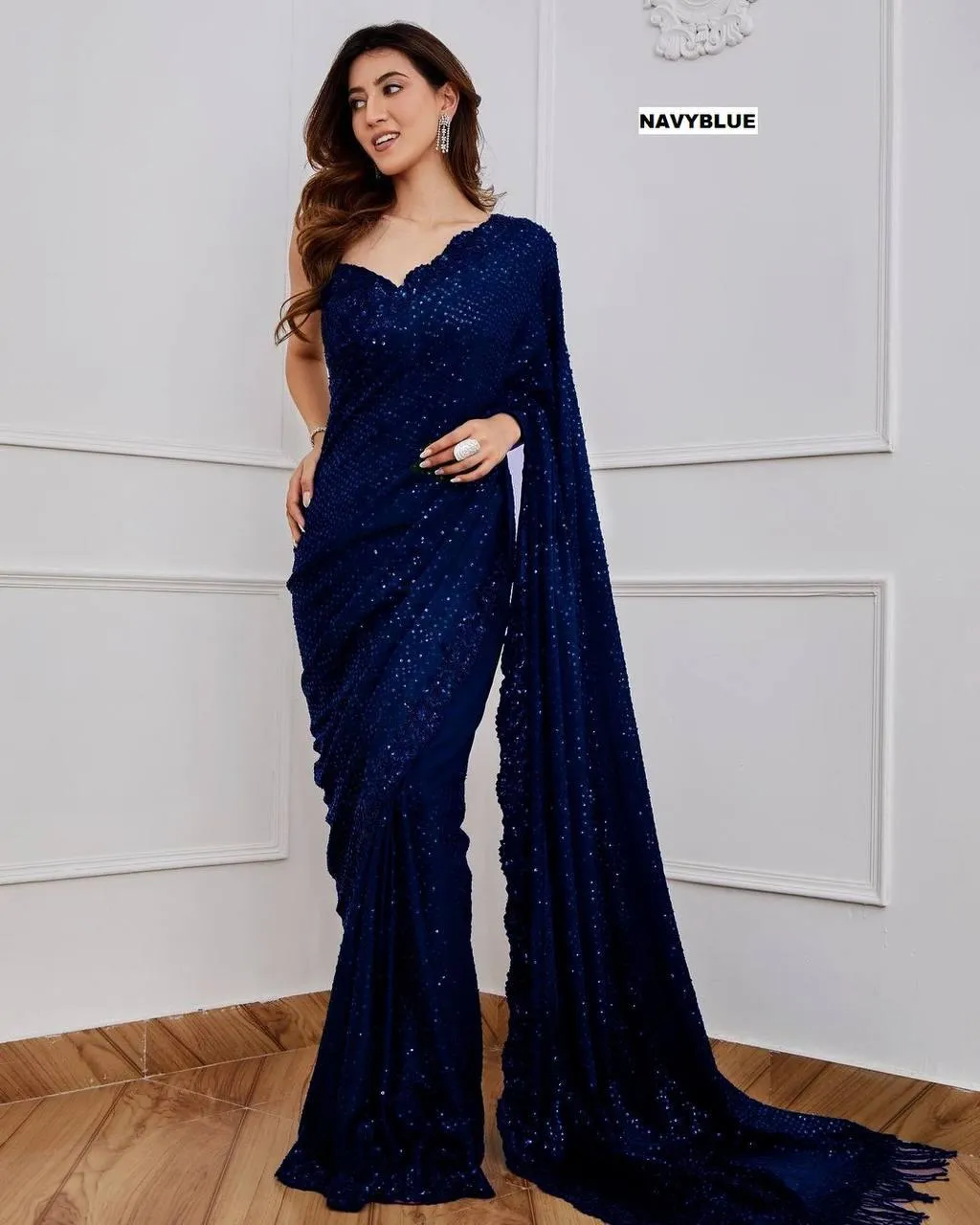 Navy Blue Georgette All Over Luxury Sequins Saree