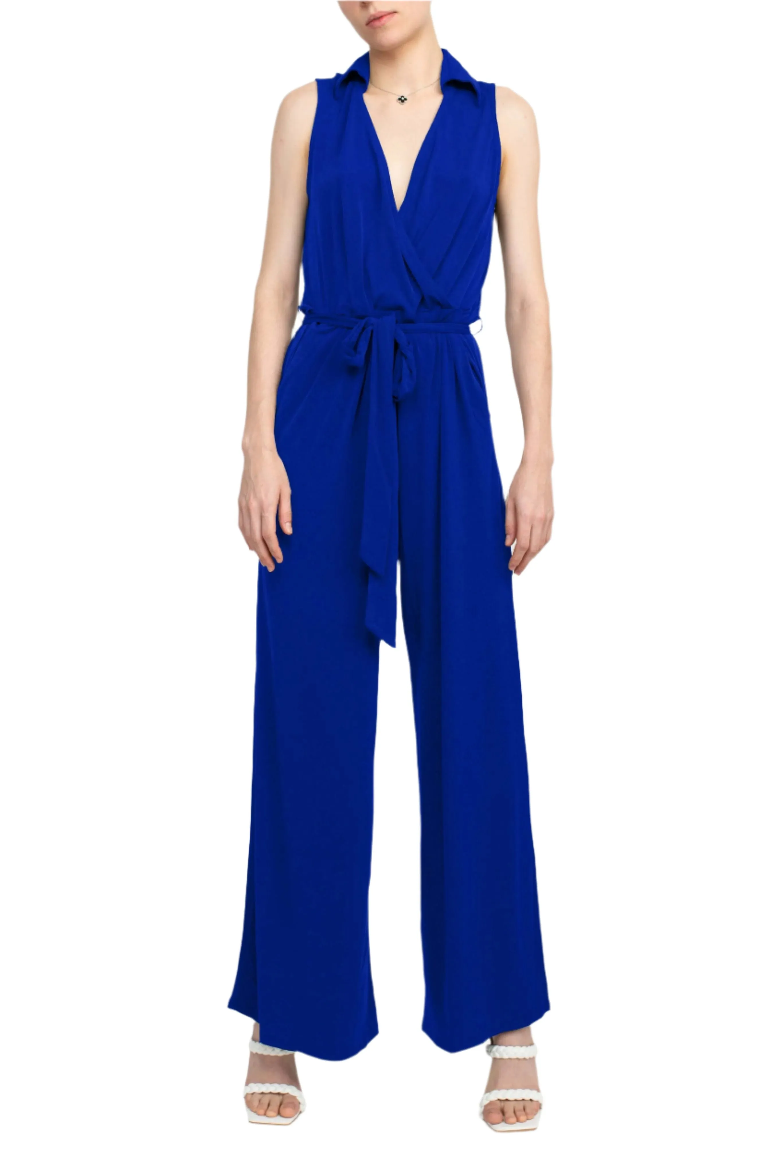 Nina Leonard V-Neck Collared Sleeveless Tie Waist Solid Jumpsuit