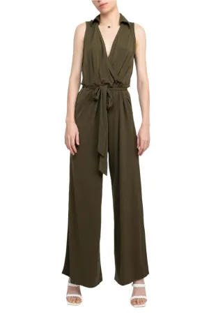 Nina Leonard V-Neck Collared Sleeveless Tie Waist Solid Jumpsuit