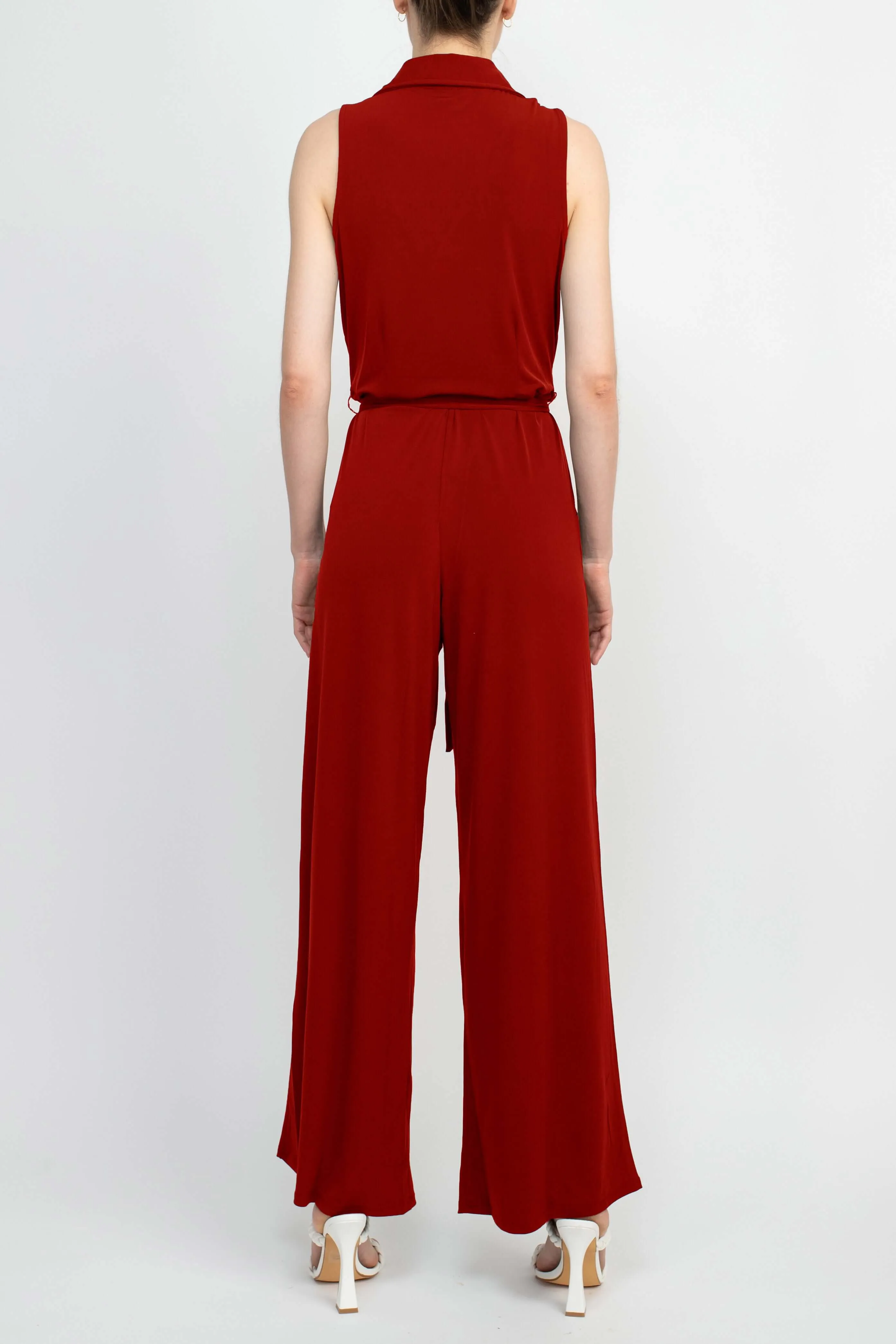 Nina Leonard V-Neck Collared Sleeveless Tie Waist Solid Jumpsuit