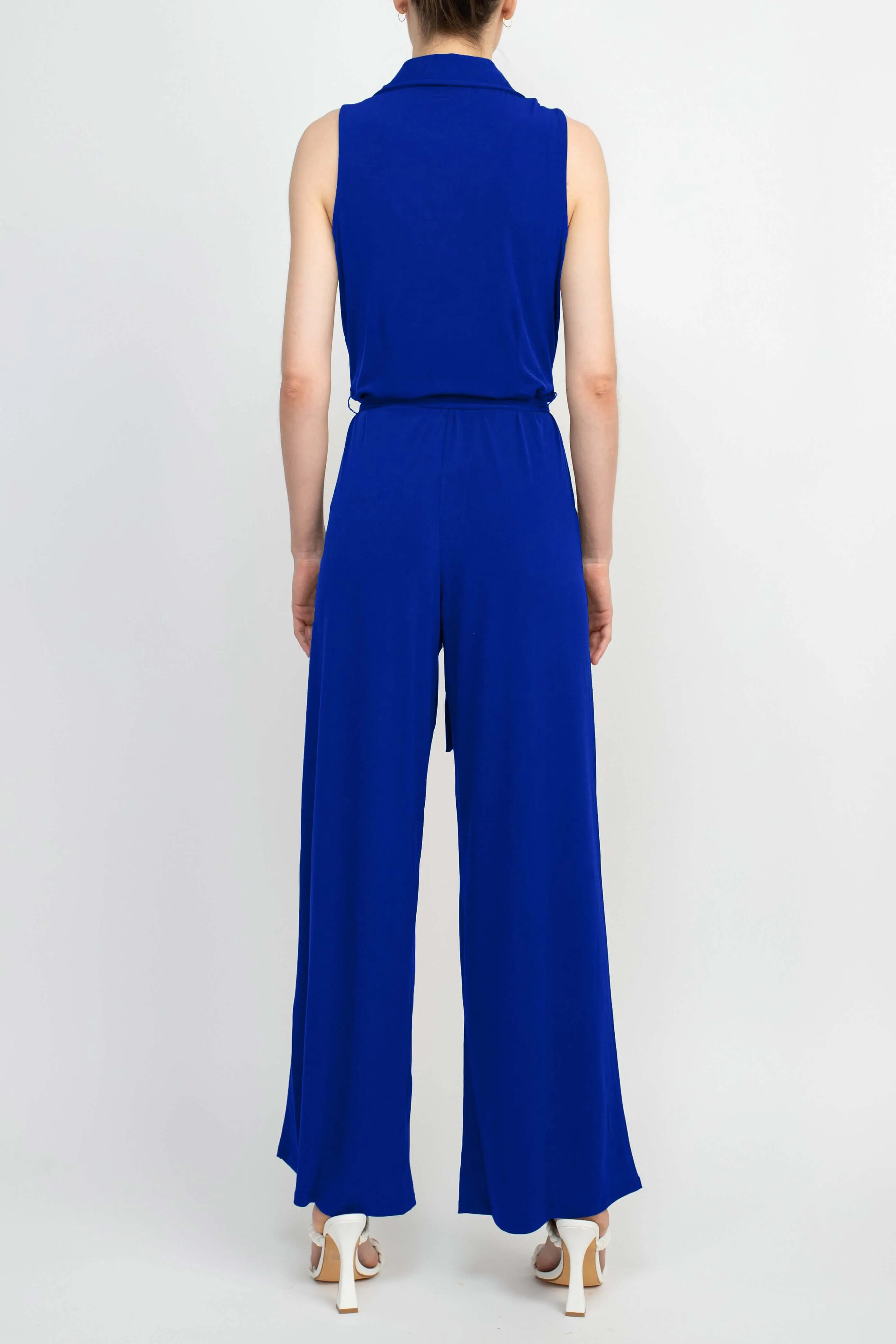 Nina Leonard V-Neck Collared Sleeveless Tie Waist Solid Jumpsuit