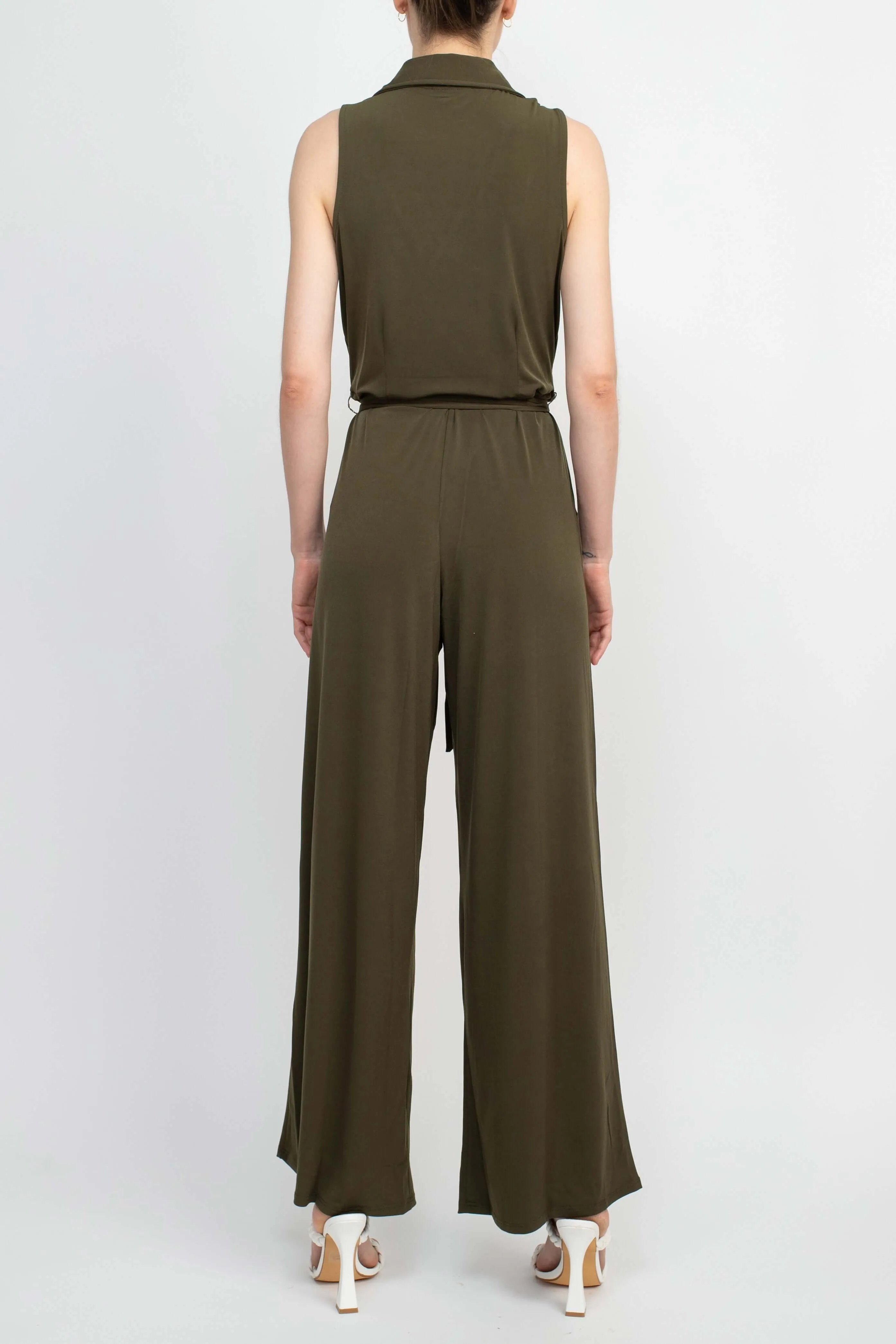 Nina Leonard V-Neck Collared Sleeveless Tie Waist Solid Jumpsuit