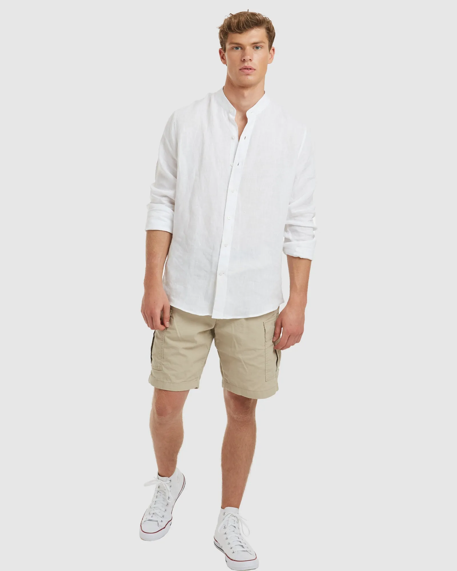 Palma-Slim White Mandarin Collar Linen Shirt