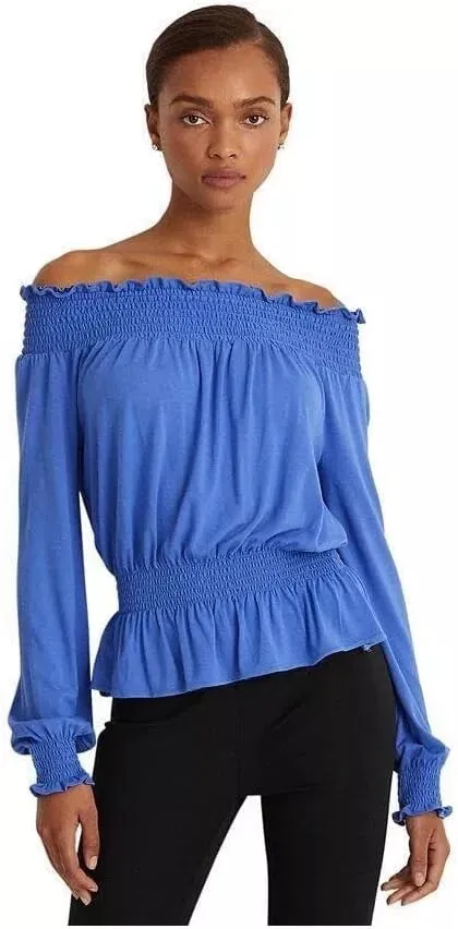 Ralph Lauren Top Blouse Peplum Jersey Ruffle Off-the-Shoulder Petite Size PM