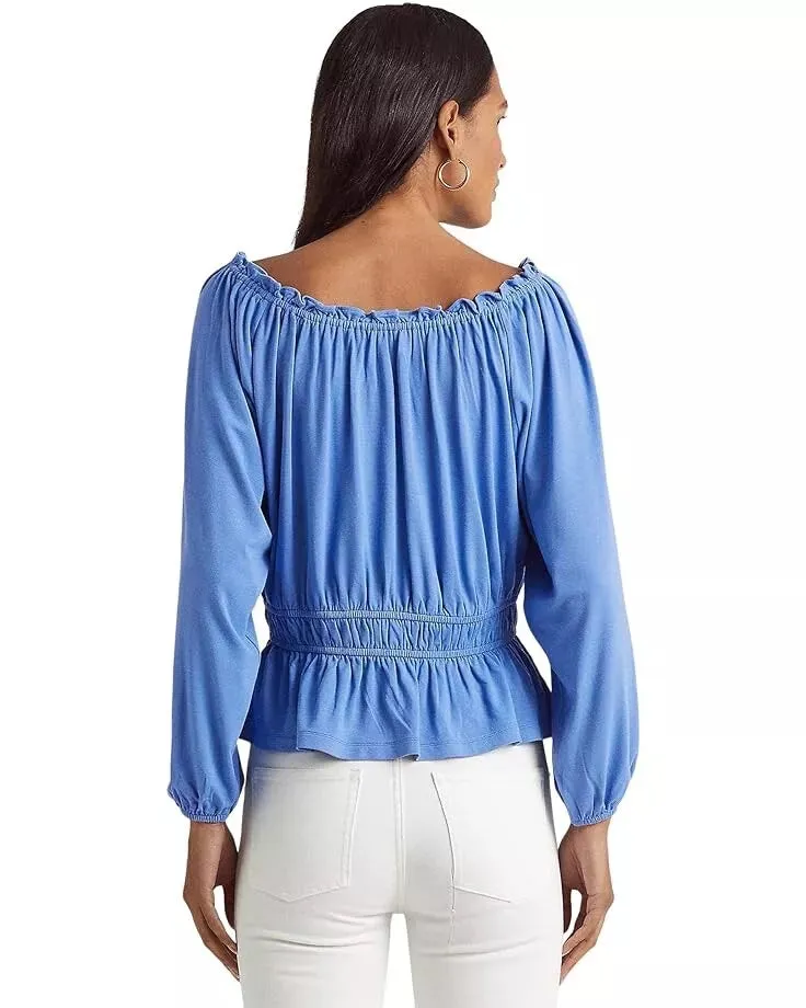 Ralph Lauren Top Blouse Peplum Jersey Ruffle Off-the-Shoulder Petite Size PM