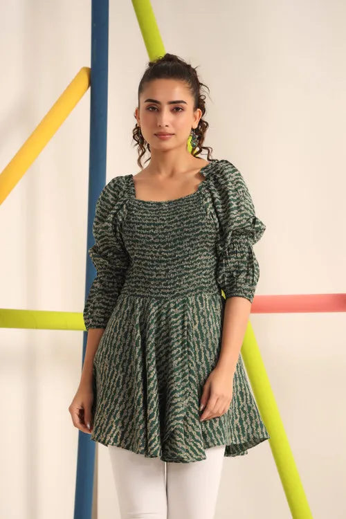 Smocking Green Silk Top