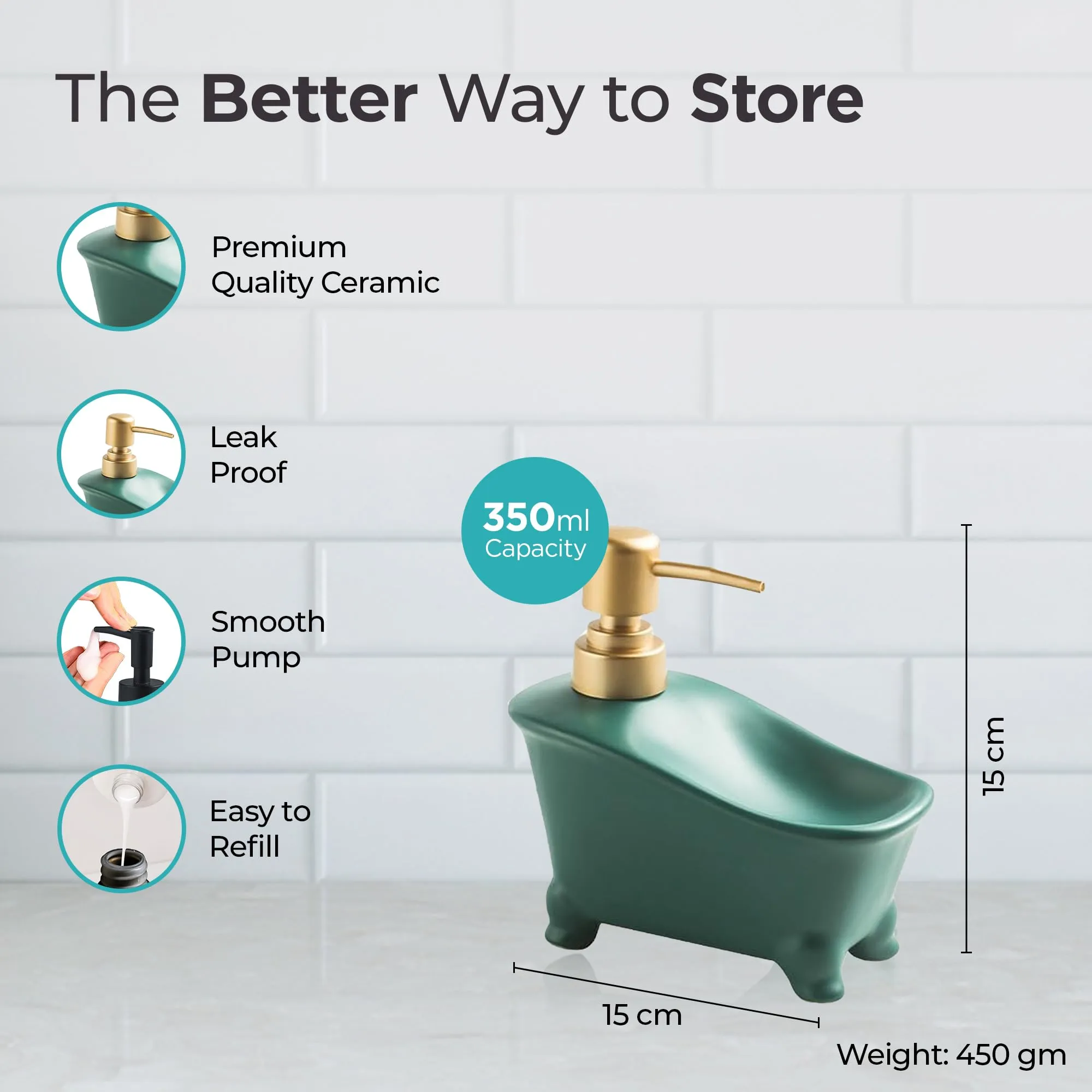 The Better Home 350ML Green Ceramic Soap Dispenser for Bathroom | Bathroom Accessories | Handwash Dispenser | Liquid Soap Dispenser for Kitchen | Handwash Bottle | Hand Wash Dispensers Pump