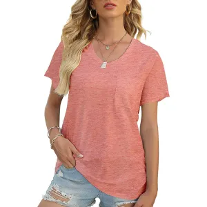 Wholesale Women's Flowy Tshirt Rounded U Neck Summer T Shirt Short Sleeve Pocket Loose Top