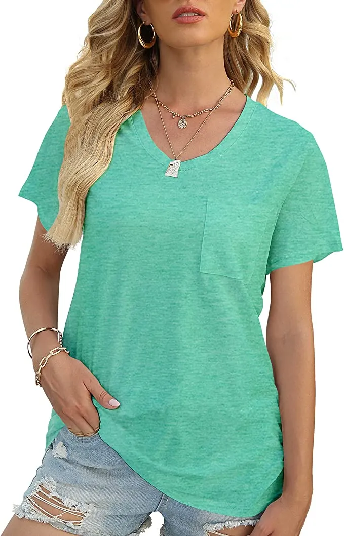 Wholesale Women's Flowy Tshirt Rounded U Neck Summer T Shirt Short Sleeve Pocket Loose Top