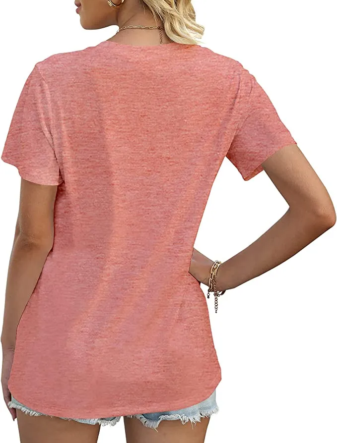 Wholesale Women's Flowy Tshirt Rounded U Neck Summer T Shirt Short Sleeve Pocket Loose Top