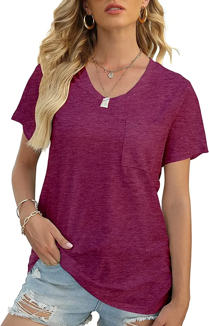 Wholesale Women's Flowy Tshirt Rounded U Neck Summer T Shirt Short Sleeve Pocket Loose Top