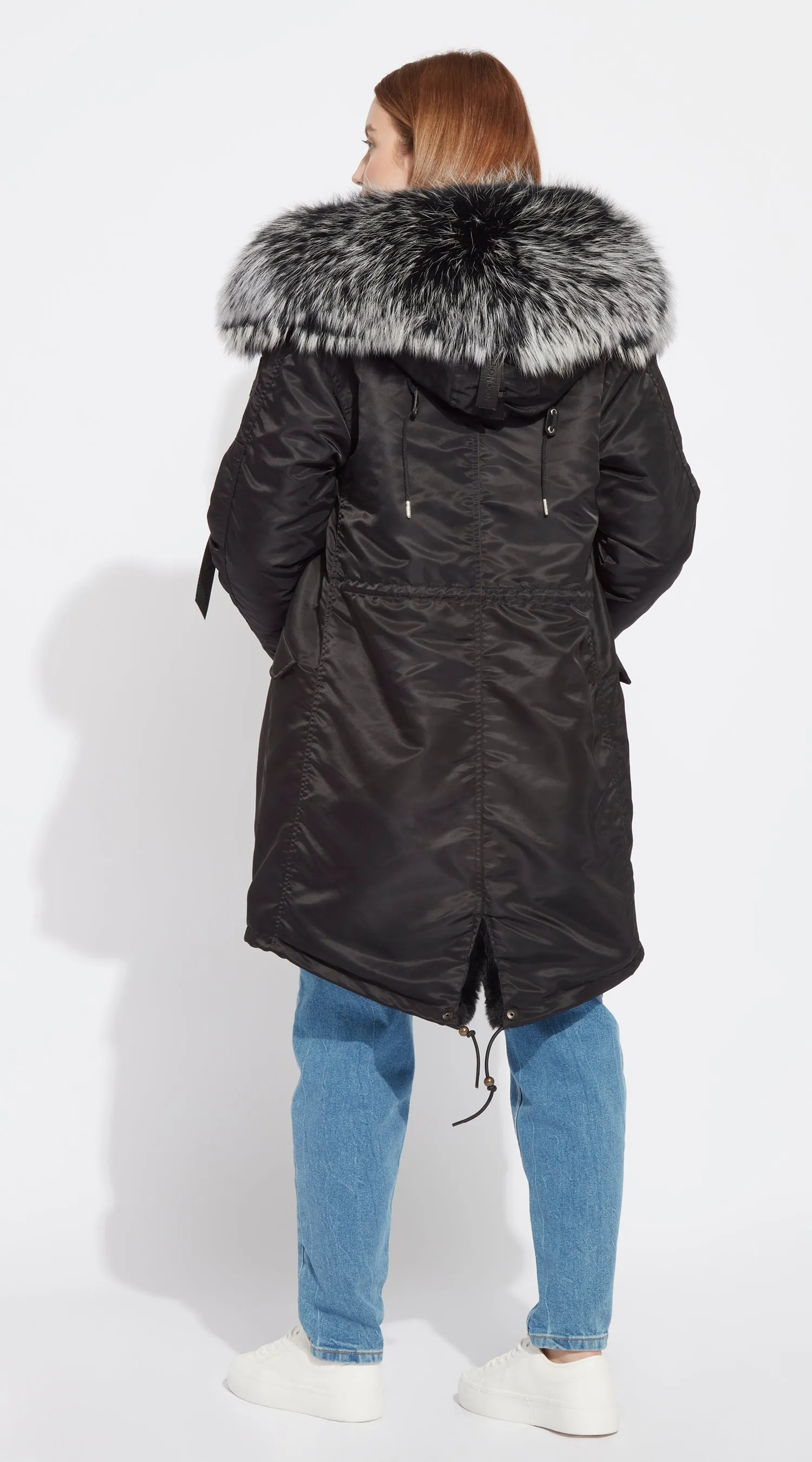 Womens Black Water-Repellent Luxy Fur Parka - 3/4 Black Mist