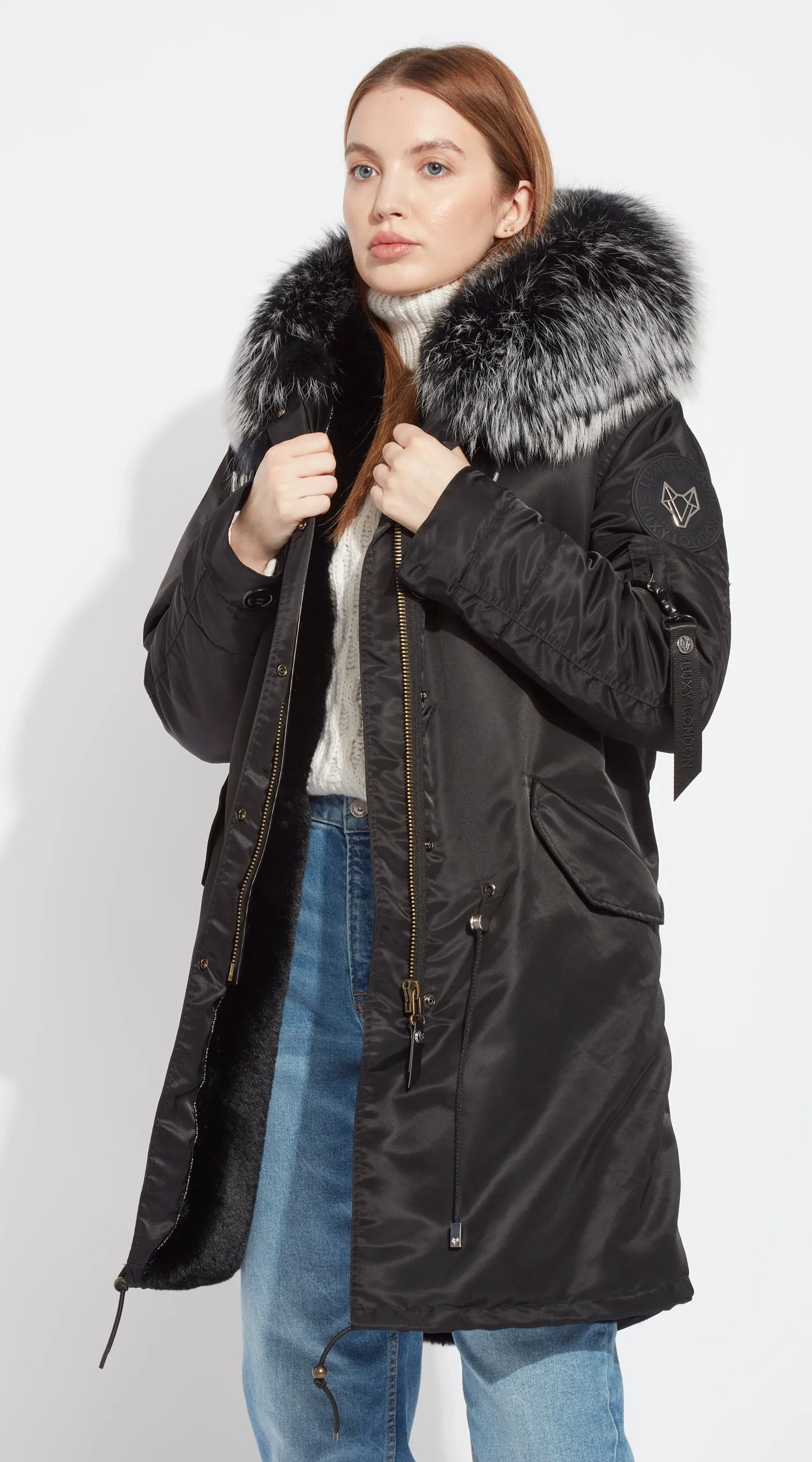 Womens Black Water-Repellent Luxy Fur Parka - 3/4 Black Mist