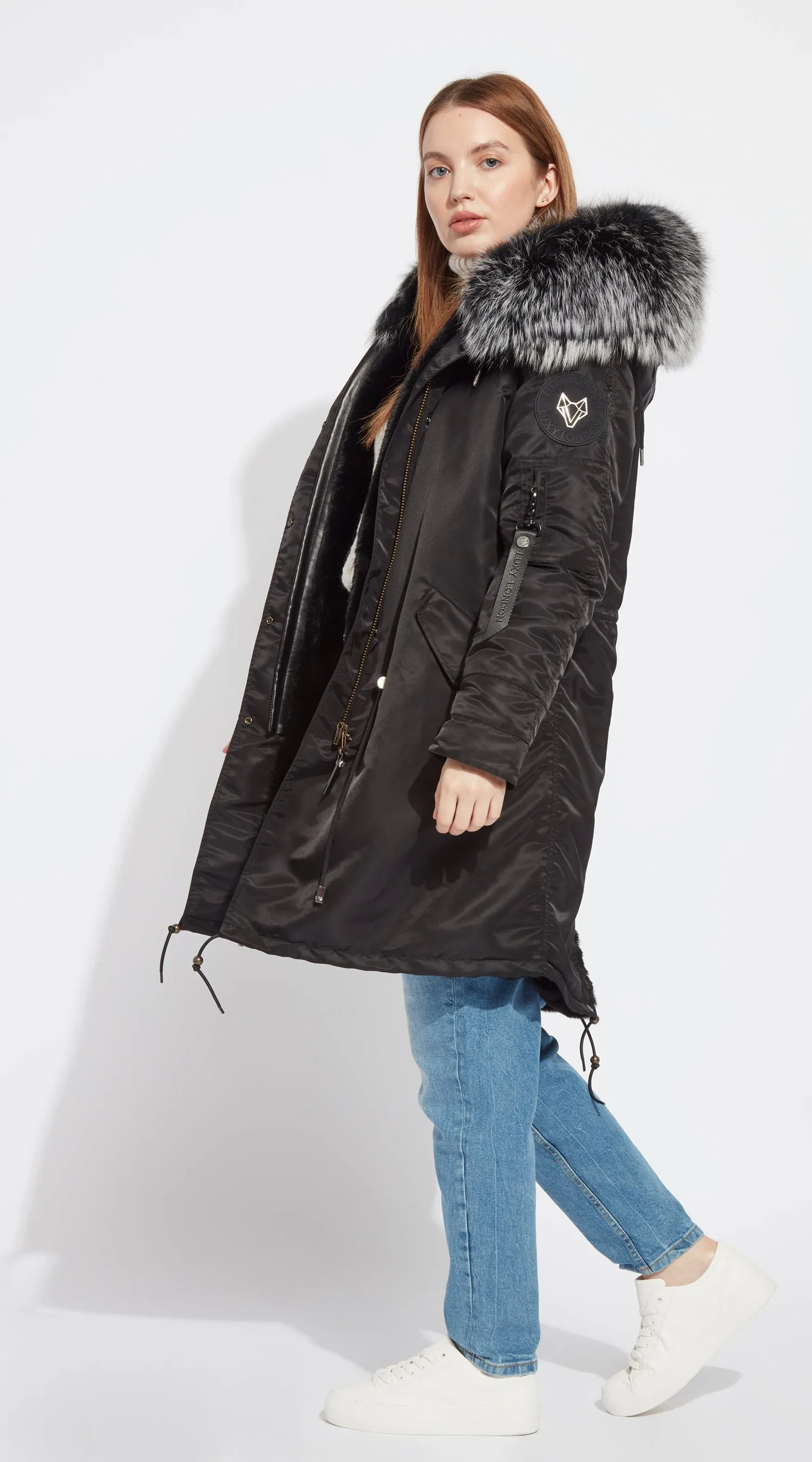 Womens Black Water-Repellent Luxy Fur Parka - 3/4 Black Mist