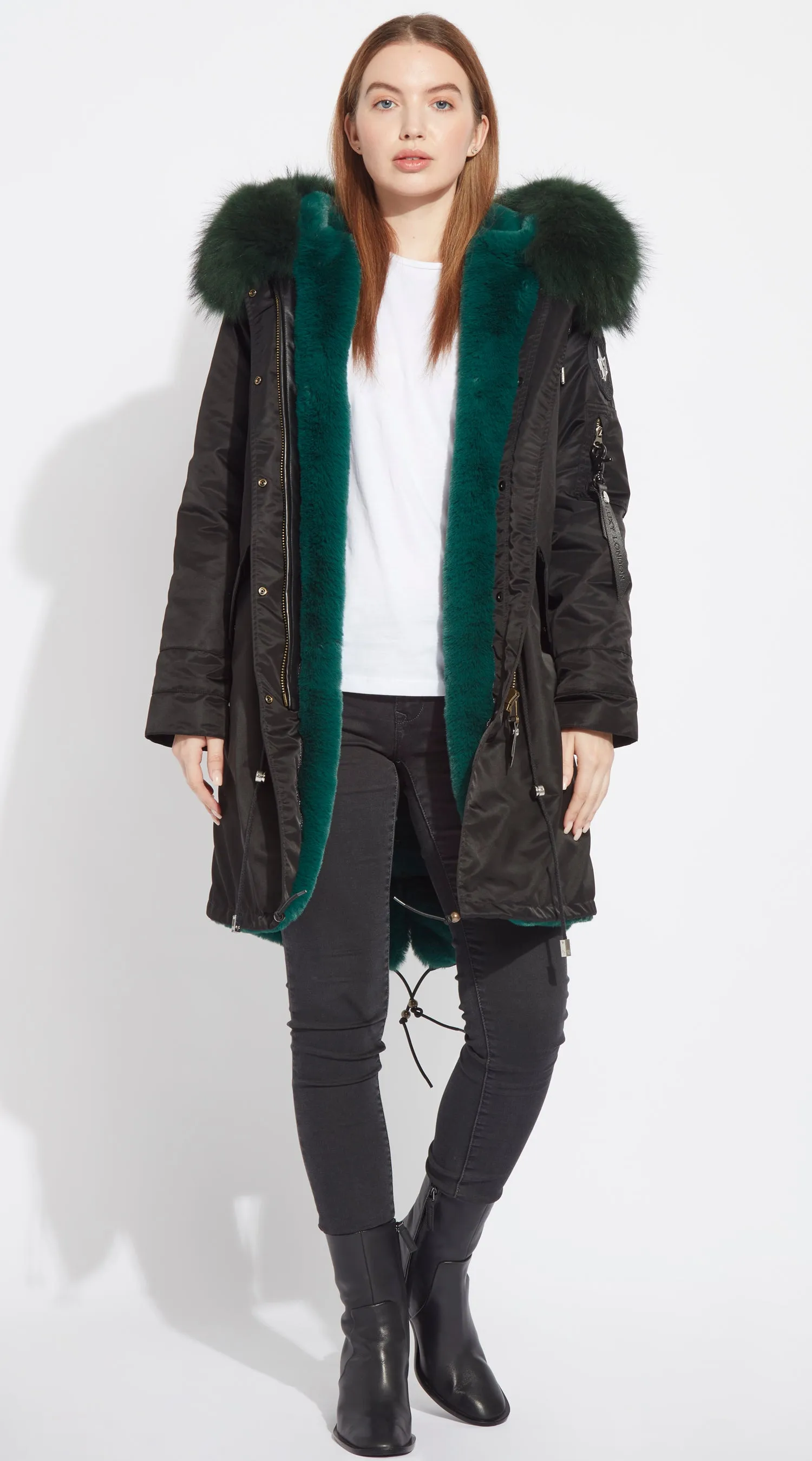 Womens Black Water-Repellent Luxy Fur Parka - 3/4 Emerald Green