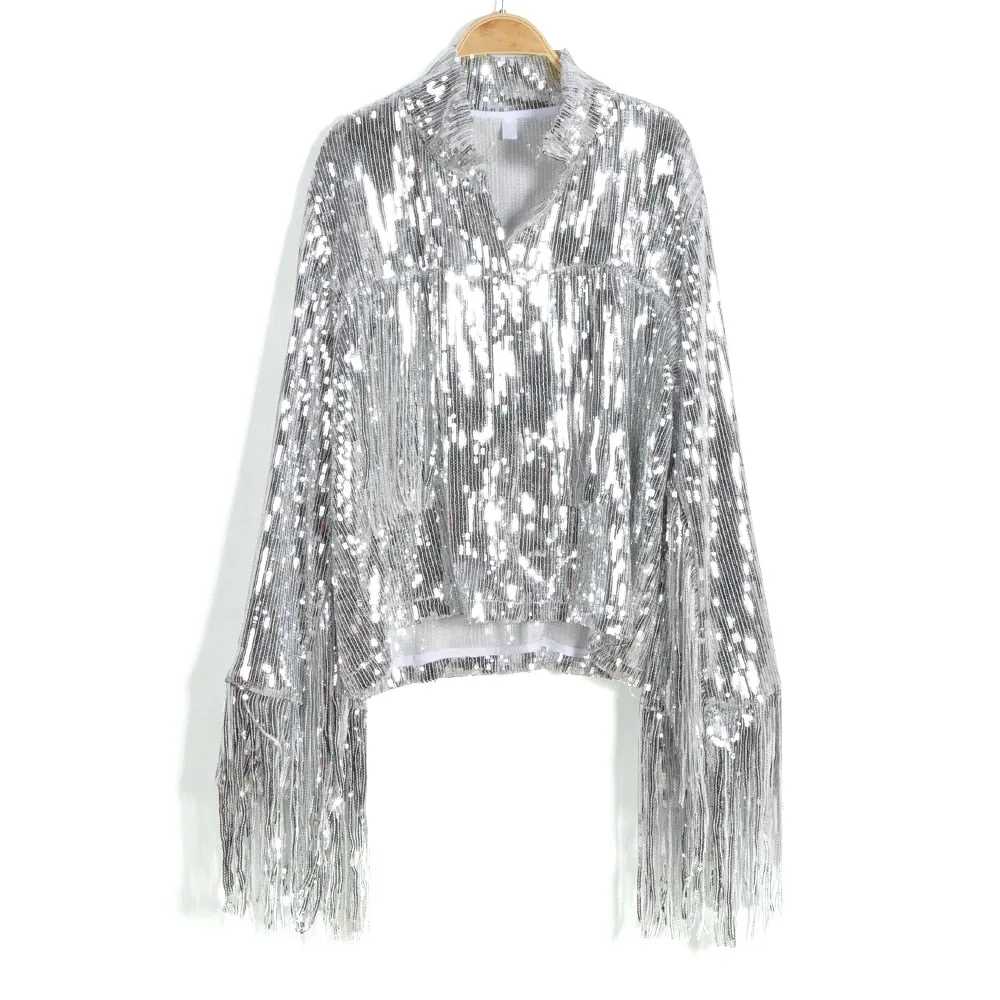 Women's Tassel Sequin Jacket 2022 Autumn Winter Streewear Rock BF Retro Long-sleeved Silver Reflective Jacket Women Outwear Tops